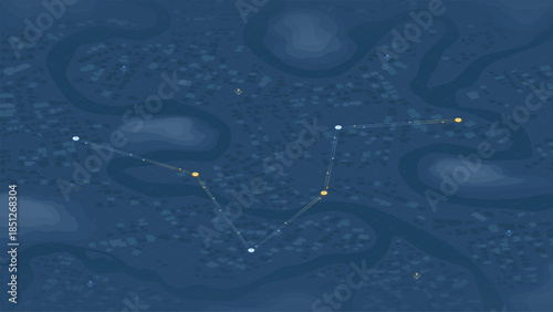 GPS tracking route with yellow checkpoints. Dark isometric city map with navigation path and waypoints. Vector illustration.