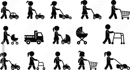 People pushing stroller cart lawn mower walker silhouette icon set daily activities pictogram vector isolated illustration