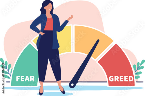 Fear and greed measure - Financial corporate businesswoman looking at stock market and economy index trying to analyse the market. Flat design vector illustration on white background