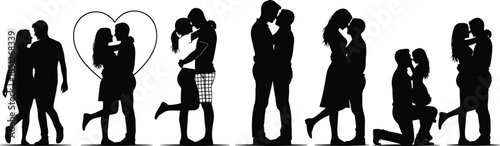 Collection of romantic couple silhouettes in various love and affection poses, vector illustration set with hearts on white background. [1.4, 1.5, 1.6, 1.7, 1.8, 1.9, 1.10, 1.11, 1.12]