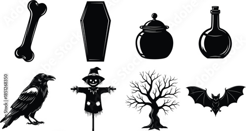 Collection of spooky Halloween silhouettes including bone, coffin, cauldron, potion, raven, scarecrow, tree, and bat, vector set.