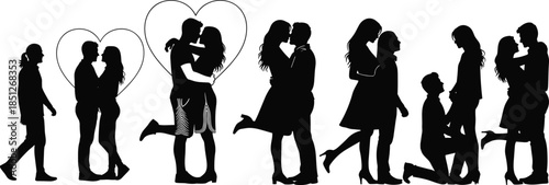 Collection of romantic couple silhouettes in various love, engagement, and proposal poses, vector illustration set.