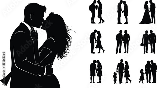 Couple and family silhouette set, romantic gestures, love, kiss, parenting, black vector, emotional connection, isolated, flat design