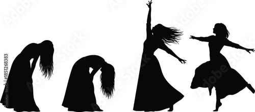 Dance silhouette sequence, emotional movement vector, flowing dress poses, expressive choreography concept, black illustration, artistic performance, transformation through motion