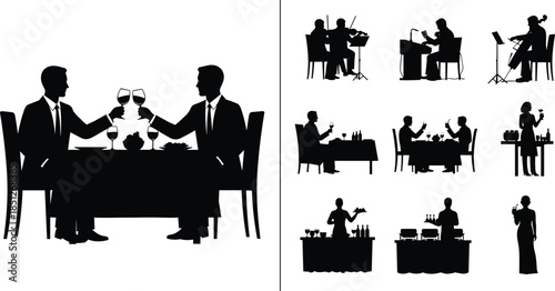 Dining and entertainment silhouette set, formal dinner, music performance, wine toast, black vector, hospitality scene, isolated, flat design