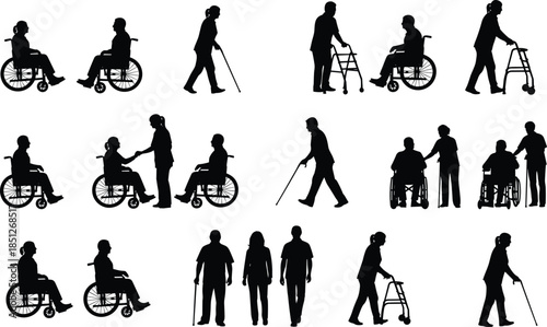Mobility aid and caregiving silhouette set, wheelchair, walker, cane, support scenes, black vector, accessibility, isolated, flat design