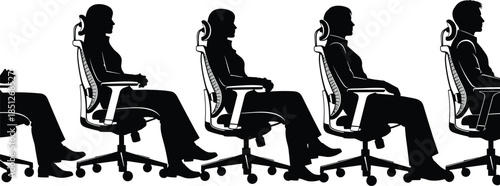 Office chair silhouette, ergonomic seating posture, mesh back design, seated figure vector, workplace comfort, black illustration, sitting position concept