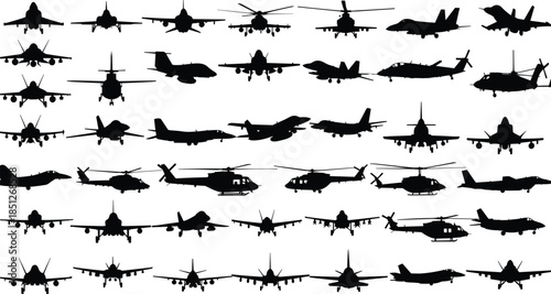 Military aircraft silhouette set, fighter jet and helicopter icons, black vector illustration, aviation design, defense concept, tactical air fleet