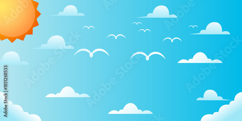 Bright blue sky with fluffy white clouds, a stylized orange sun, and simple bird silhouettes flying across the clear day.