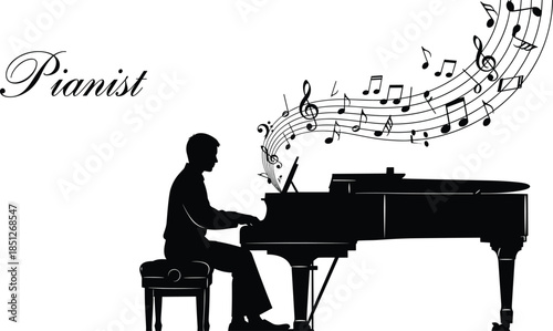 Pianist silhouette, grand piano art, musical notes, black and white, music concept, elegant design, performance, melody, harmony, creativity