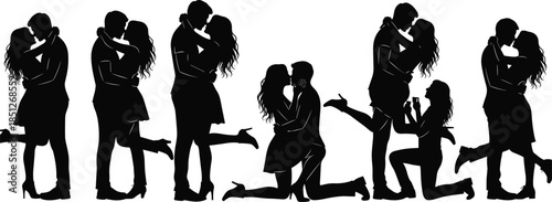 Romantic couple silhouette, love pose, kissing, embracing, proposal moment, black vector, Valentine theme, emotional connection, relationship concept, affection scene