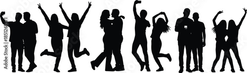 People silhouette pairs, dancing jumping selfie, social interaction, celebration pose, black white vector, emotional connection, lifestyle art