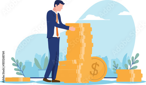 Financial worker making money - Businessman with stack of coins, earning and getting rich. Business income concept, vector illustration with white background