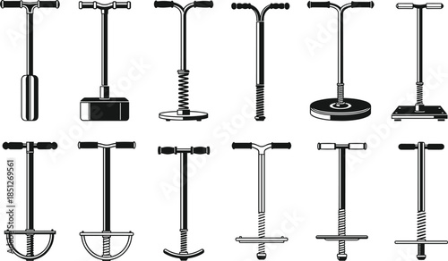Pogo stick set jumping fitness equipment children toy balance trainer illustration line vector icons isolated on white background