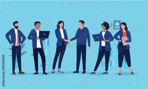 Group of businesspeople at work - Team of corporate office people doing business together, shaking hands over agreement and deal. Teamwork and collaboration concept in flat design vector illustration