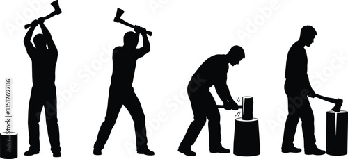 The image is a silhouette illustration depicting a sequence of actions related to chopping wood.