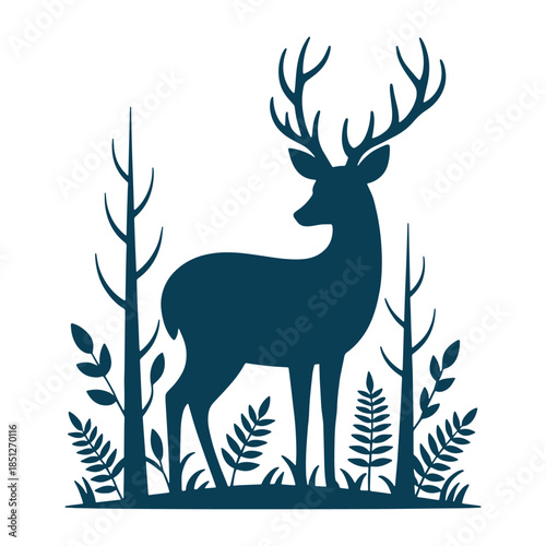 Minimal Deer Silhouette with Forest Plants Illustration