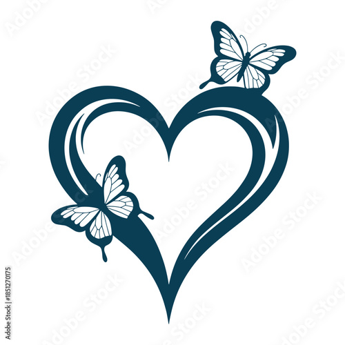 Minimal Heart with Butterflies Black Silhouette Illustration