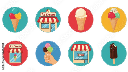 Ice cream shop vector icons set. Flat illustration collection of sweet desserts, cones, popsicles, and store fronts isolated on colorful round backgrounds.