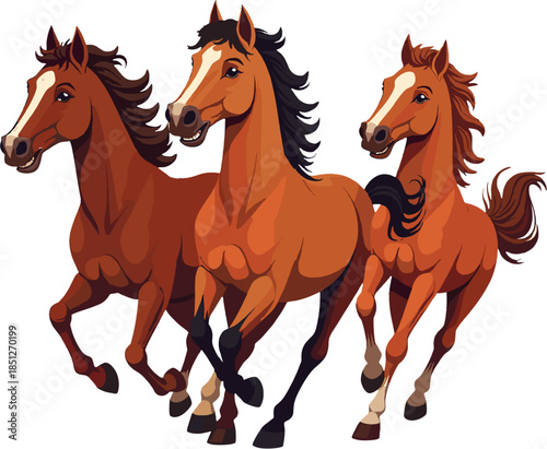 Running horses illustration isolated on white background, dynamic animal herd clipart