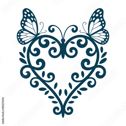 Ornamental Butterfly Heart Line Art Illustration