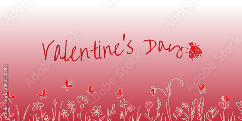 Valentine floral border seamless pattern. Linear flowers, meadow grass and butterflies in heart shape. Romantic red gradient background. Cute love spring design. Vector illustration isolated.