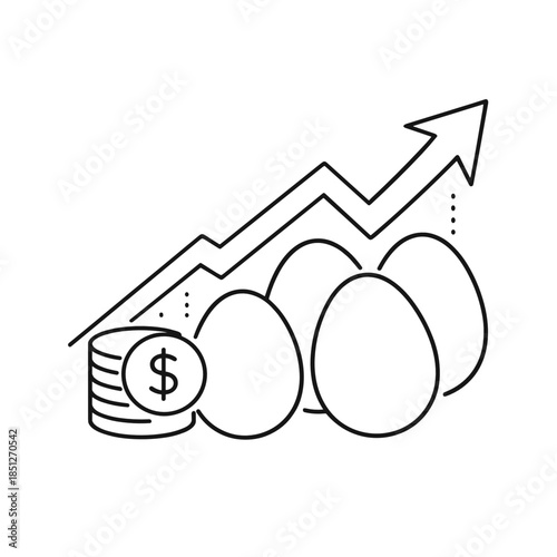 Line icon representing investment growth or portfolio diversification. Features eggs as nest eggs, a rising arrow, and coin stack symbolizing savings, finance, or retirement planning.