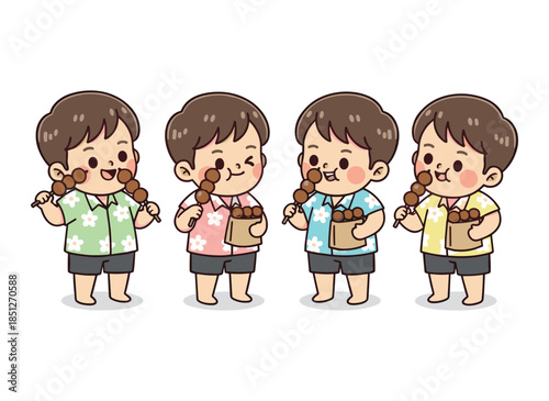 Cute cartoon boys eating grilled meatballs on sticks happily