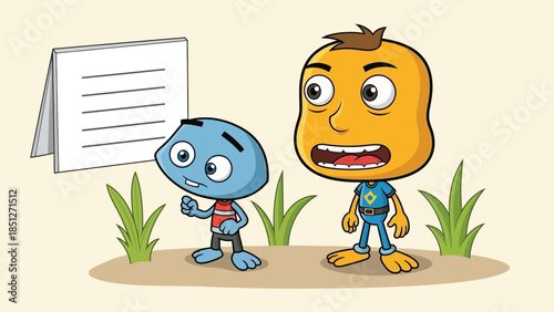Two cartoon characters discussing document in outdoor setting