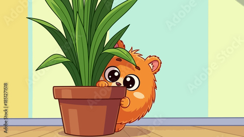 Adorable orange hamster hiding behind a potted plant