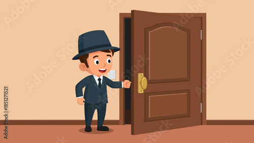 Smiling businessman in suit opening door to new opportunities