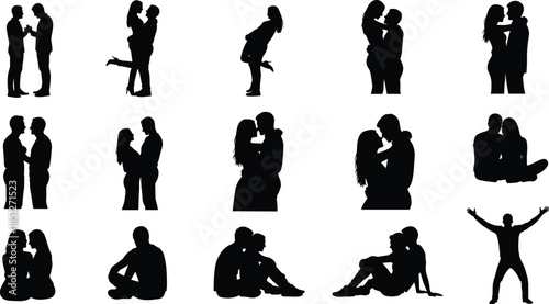 Romantic couple silhouettes collection, love relationship poses set, hugging kissing sitting couples, human emotions, black and white vector illustration