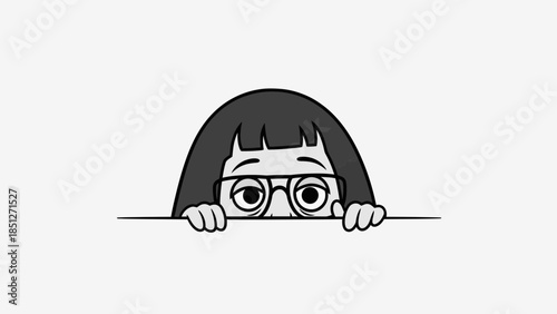 Curious woman peeking over edge with surprised expression