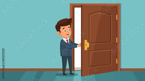 Businessman opening door to new opportunities in modern office