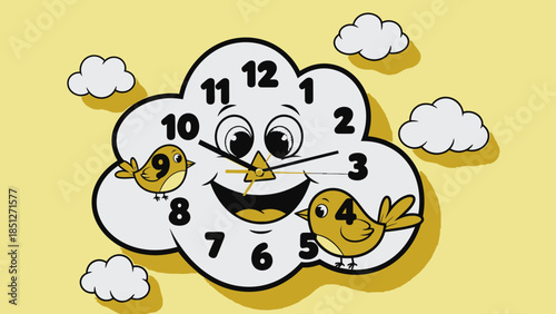 Smiling cloud clock with happy birds in sunny sky