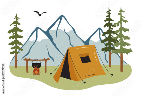 Vector illustration of camping in the mountains. Tent on a grassy meadow with pine trees, campfire with hanging pot, mountain peaks in the background and a flying bird. Flat minimalist style