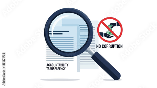 Magnifying glass examining document with 'No Corruption' and 'Accountability Transparency' icons, symbolizing ethical business practices and anti-corruption efforts.