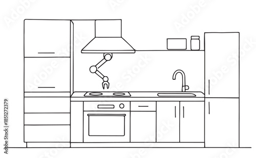 Robot bartender. Line sketch modular autonomous kitchen robot on white background