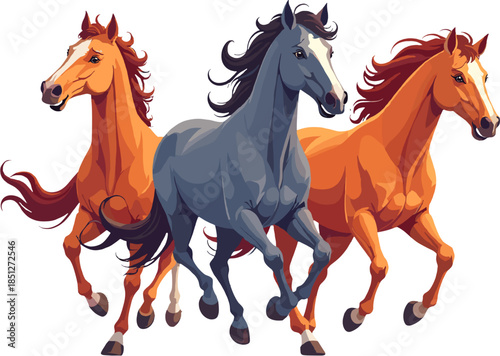 Running horses illustration isolated on white background, wild herd animal clipart