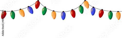 Colorful Christmas string lights isolated on white background. Festive garland with glowing bulbs for holiday banners, cards and decorations.