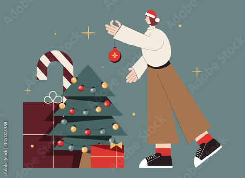 Modern Christmas character decorating a stylized tree with ornaments and garlands. Minimalist winter vector illustration for holiday design and branding.