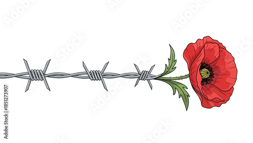 Barbed wire and poppy flower illustration, symbolizing remembrance, peace, and conflict, on a white background.