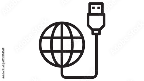 Global network connection with usb plug simple line art on transparent background silhouette