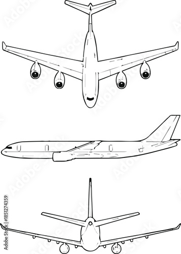 airplane schematic top side rear view engineering diagram vector