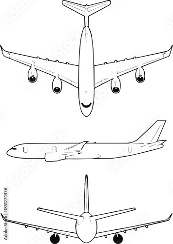 airplane orthographic views technical line art vector blueprint
