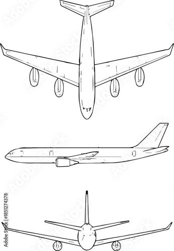 airplane top side and rear view line drawing vector illustration