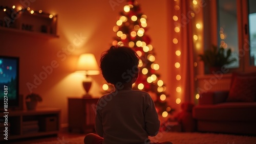 Wallpaper Mural Child sitting on floor gazing at illuminated christmas tree in cozy warm living room with bokeh lights. concept of holiday magic, family christmas, childhood wonder. Torontodigital.ca