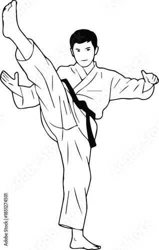taekwondo martial artist performing high front kick vector illustration