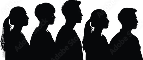 Silhouettes of diverse people standing in profile, unity and diversity concept, black figures on white background, minimal art
