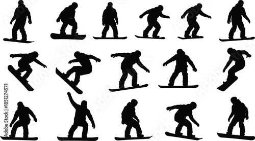 Snowboarder action silhouettes set, winter sports tricks collection, snowboarding poses, extreme sport movement, black and white vector illustration